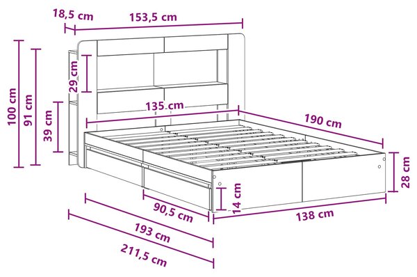 Okvir kreveta s pohranom s ladicama Dimljeni hrast 135 x 190 cm - Smeđa / 135 x 190 cm