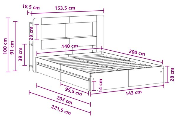 Okvir kreveta s pohranom s ladicama Siva Sonoma 140 x 200 cm - Siva / 140 x 200 cm