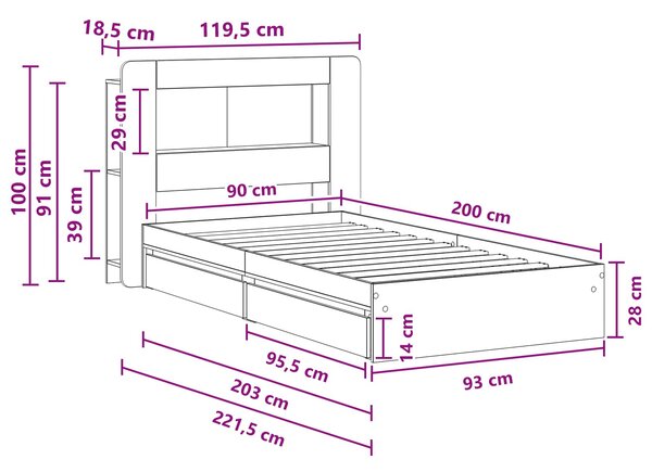 Okvir kreveta s pohranom s ladicama Siva Sonoma 90 x 200 cm - Siva / 90 x 200 cm