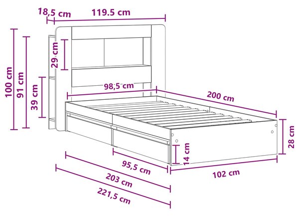 Okvir kreveta s pohranom s ladicama Dimljeni hrast 100 x 200 cm - Smeđa / 100 x 200 cm
