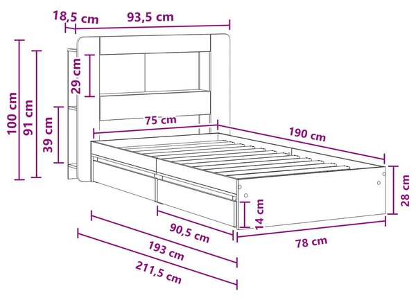 Okvir kreveta s pohranom s ladicama Siva Sonoma 75 x 190 cm - Siva / 75 x 190 cm