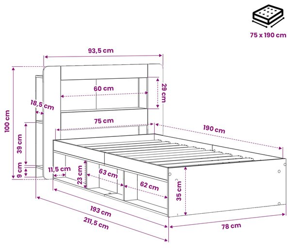 Okvir kreveta s pohranom Crna 75 x 190 cm Konstruirano drvo - Crna / 75 x 190 cm
