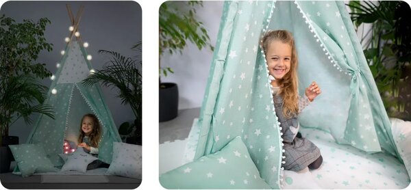 Dječji teepee šator sa svjetlima - mint sa zvijezdama