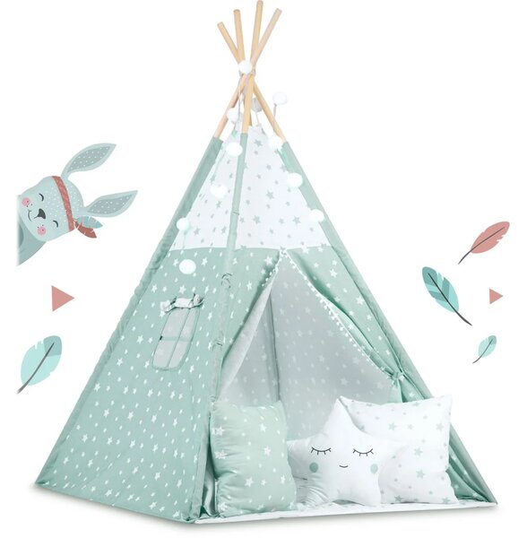 Dječji teepee šator sa svjetlima - mint sa zvijezdama