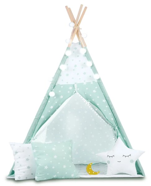 Dječji teepee šator sa svjetlima - mint sa zvijezdama