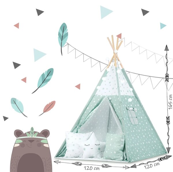 Dječji teepee šator sa svjetlima - mint sa zvijezdama