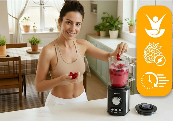 Stakleni blender za smoothieje, koktele, drobljenje leda, 1,5 l, 800 W, BD-751, Berdsen, crni