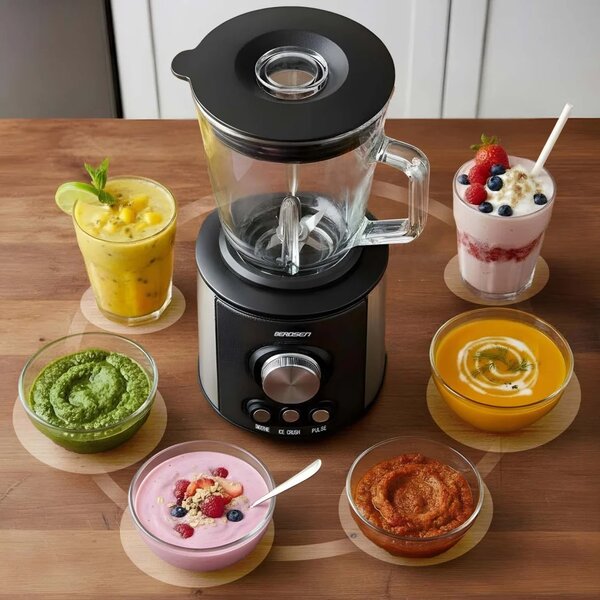 Stakleni blender za smoothieje, koktele, drobljenje leda, 1,5 l, 800 W, BD-751, Berdsen, crni