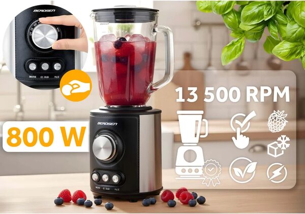 Stakleni blender za smoothieje, koktele, drobljenje leda, 1,5 l, 800 W, BD-751, Berdsen, crni