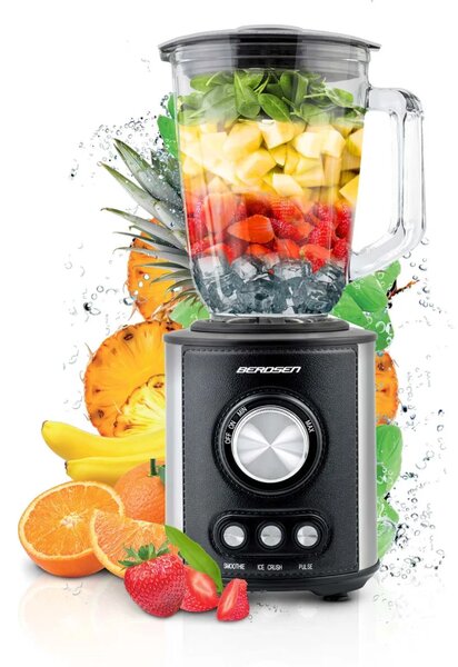 Stakleni blender za smoothieje, koktele, drobljenje leda, 1,5 l, 800 W, BD-751, Berdsen, crni