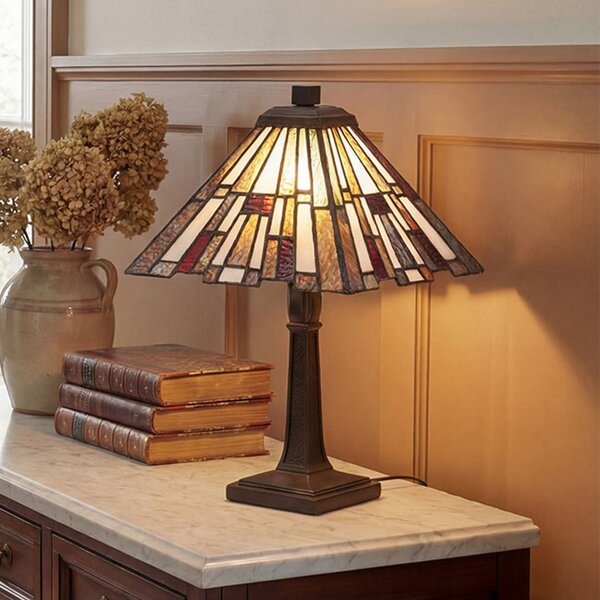 QUOIZEL Stolna lampa Inglenook, brončana/višebojna, visina 37 cm, metal/staklo, Bronca / stari mesing, Dnevni boravak/blagovaonica, Metal