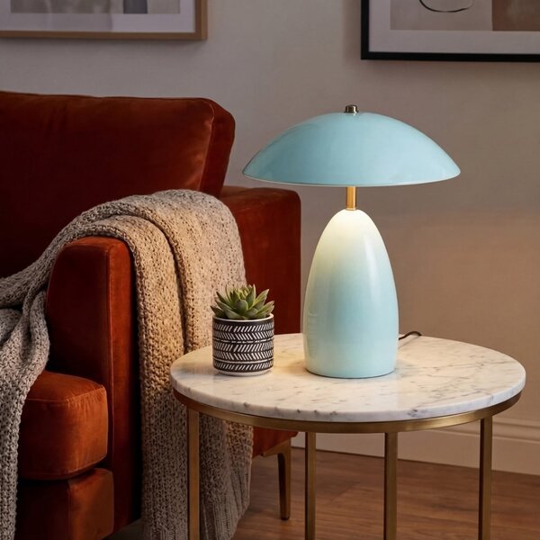 Elstead LED stolna lampa Poppy, svijetloplava, visina 35 cm, metal, prigušiva, prigušiva, Plava, Dnevni boravak/blagovaonica, Aluminij