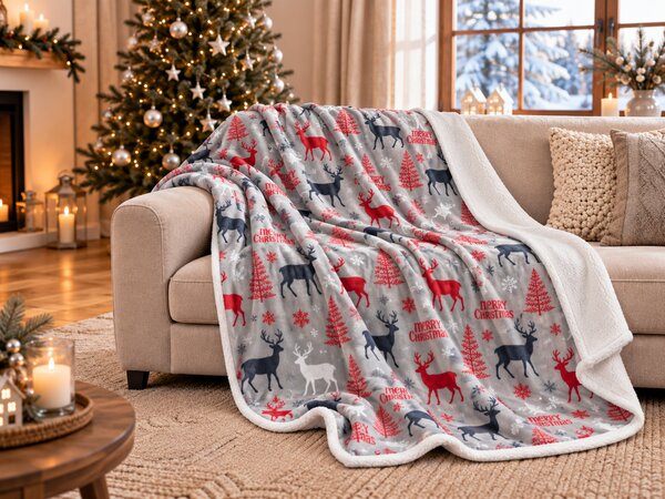 Božićna mikropliš deka s imitacijom ovčjeg krzna MERRY CHRISTMAS DEER siva Dimenzije: 160 x 200 cm