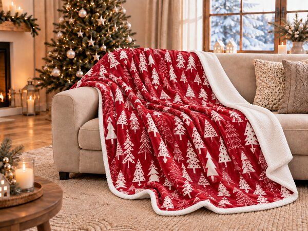 Božićna mikropliš deka s imitacijom ovčjeg krzna CHRISTMAS TREES crvena Dimenzije: 160 x 200 cm