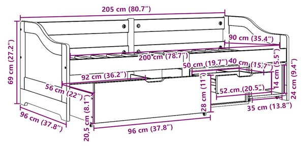 Dnevni krevet s 3 ladice bez madraca "IRUN" crni 90x200 cm - Crna / N/A
