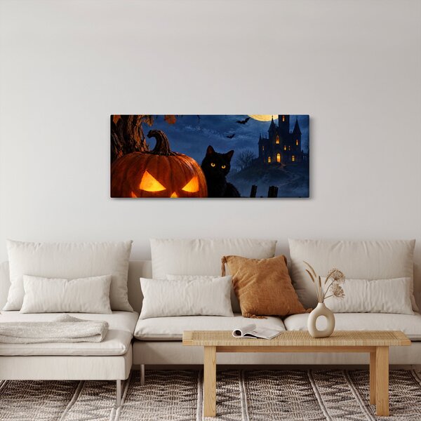 Slika - Crna mačka uz svjetleću bundevu za Noć vještica (120x50 cm)