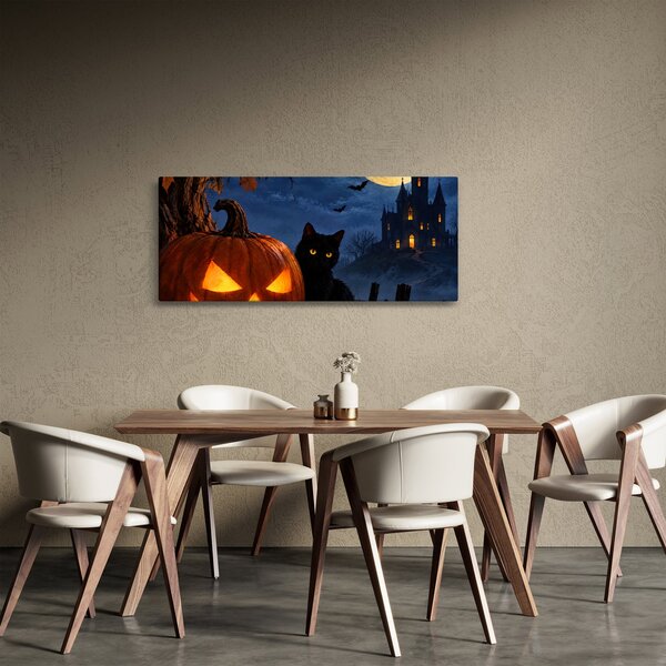 Slika - Crna mačka uz svjetleću bundevu za Noć vještica (120x50 cm)