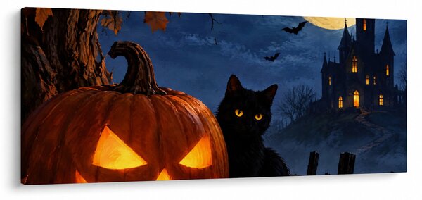 Slika - Crna mačka uz svjetleću bundevu za Noć vještica (120x50 cm)