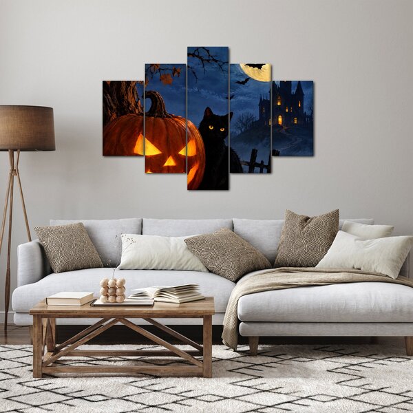 XXL Slika - Crna mačka uz svjetleću bundevu za Noć vještica (150x105 cm)