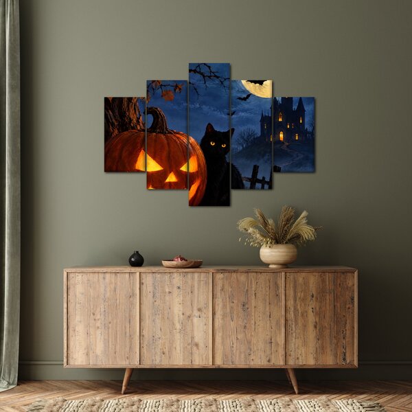 XXL Slika - Crna mačka uz svjetleću bundevu za Noć vještica (150x105 cm)