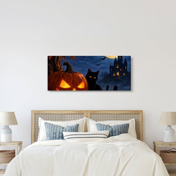 Slika - Crna mačka uz svjetleću bundevu za Noć vještica (120x50 cm)