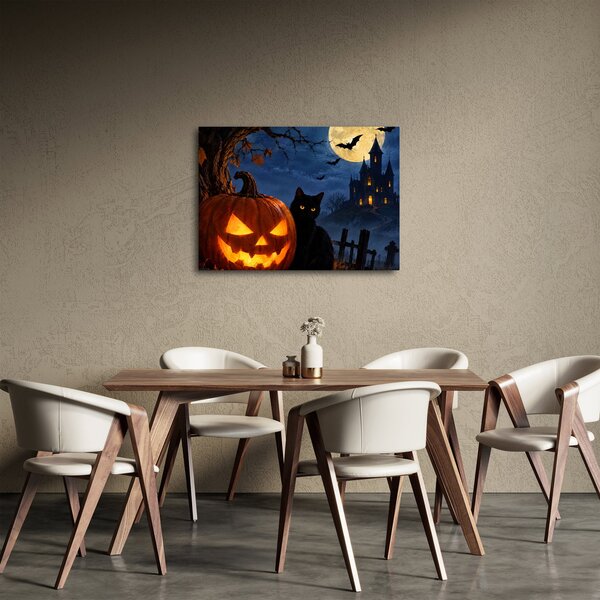 Slika - Crna mačka uz svjetleću bundevu za Noć vještica (70x50 cm)