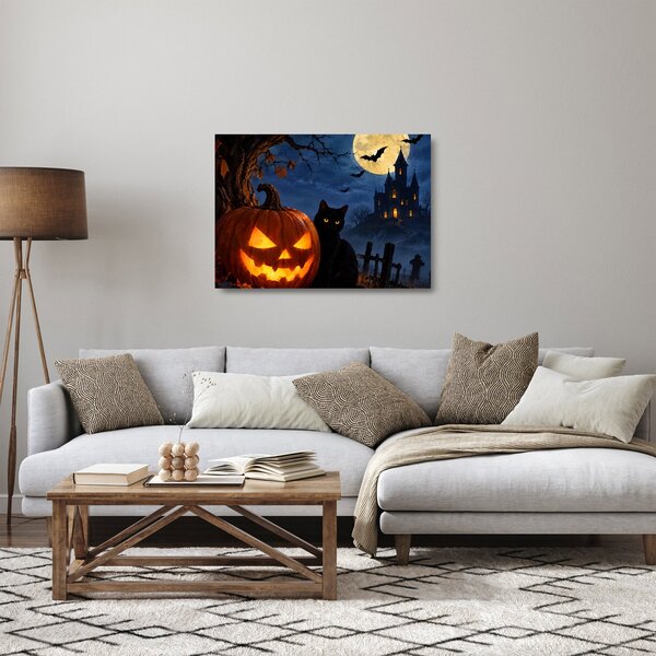 Staklena slika - Crna mačka uz svjetleću bundevu za Noć vještica (70x50 cm)