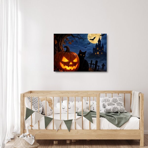 Staklena slika - Crna mačka uz svjetleću bundevu za Noć vještica (70x50 cm)
