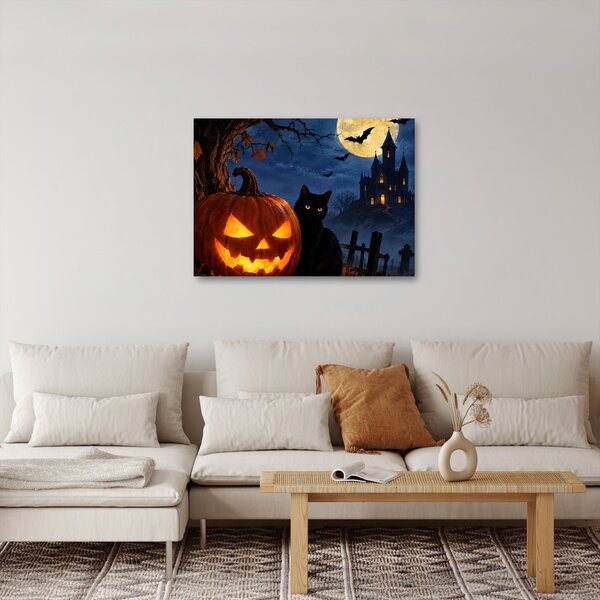 Slika - Crna mačka uz svjetleću bundevu za Noć vještica (70x50 cm)