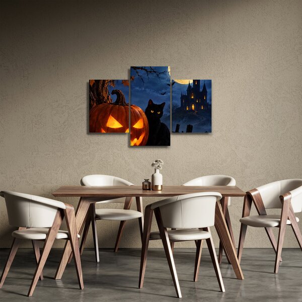 Slika - Crna mačka uz svjetleću bundevu za Noć vještica (90x60 cm)