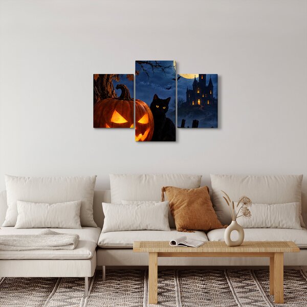 Slika - Crna mačka uz svjetleću bundevu za Noć vještica (90x60 cm)