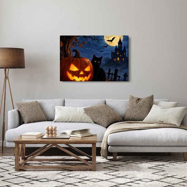 Slika - Crna mačka uz svjetleću bundevu za Noć vještica (90x60 cm)
