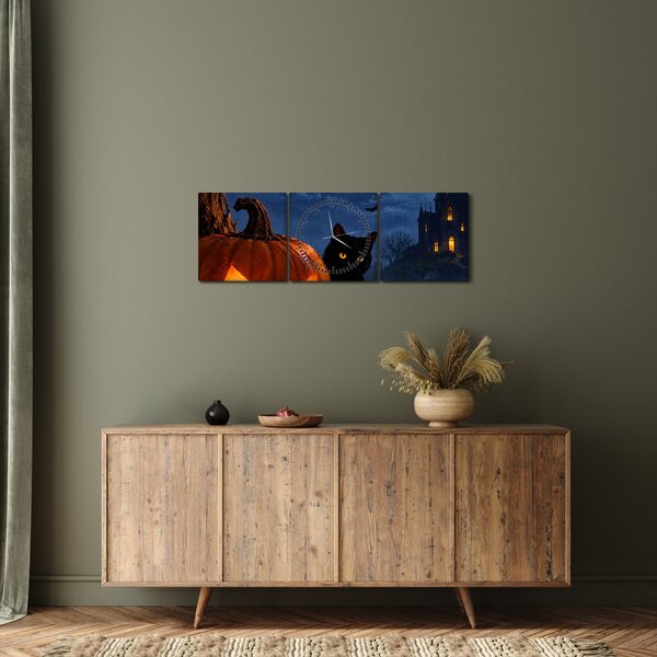 Slika - Crna mačka uz svjetleću bundevu za Noć vještica (sa satom) (90x30 cm)
