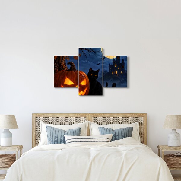 Slika - Crna mačka uz svjetleću bundevu za Noć vještica (90x60 cm)