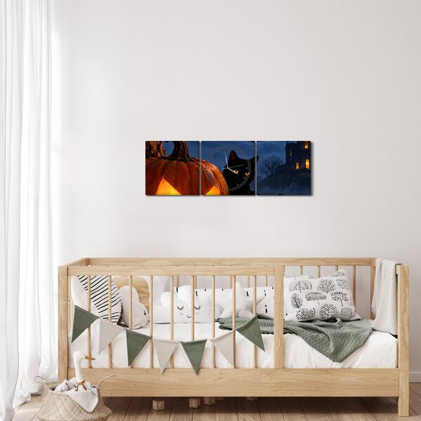 Slika - Crna mačka uz svjetleću bundevu za Noć vještica (sa satom) (90x30 cm)
