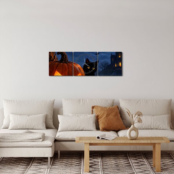 Slika - Crna mačka uz svjetleću bundevu za Noć vještica (sa satom) (90x30 cm)