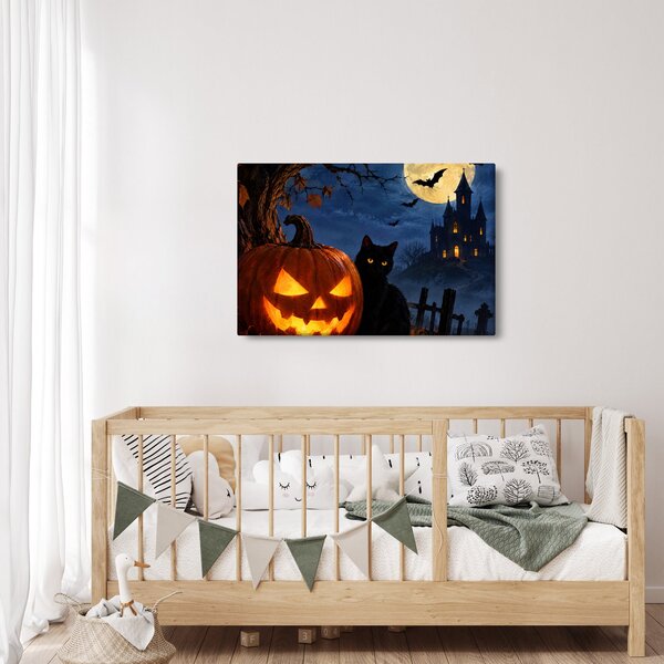 Slika - Crna mačka uz svjetleću bundevu za Noć vještica (90x60 cm)