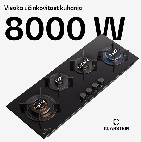 Klarstein Goldflame 4 Slim, plinska ploča za kuhanje, 4 plamenika, samostalna, prirodni plin/propan, nehrđajući čelik