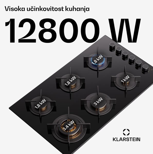 Klarstein Goldflame 6, plinska ploča za kuhanje, samostalna, 6 plamenika, bočna kontrola, plin/propan, staklokeramika, crna