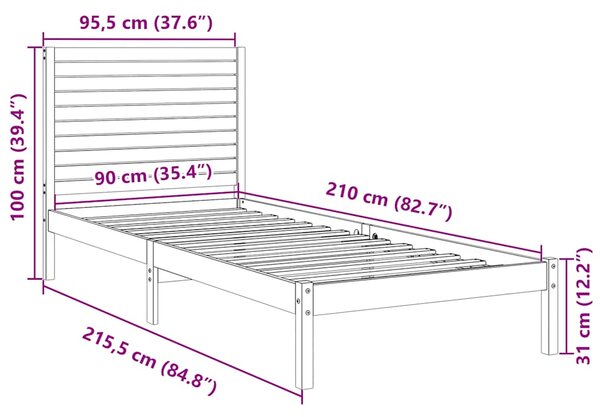 Dugi okvir kreveta bez madraca bijeli 90 x 210 cm masivno drvo - Bijela / 90 x 210 cm