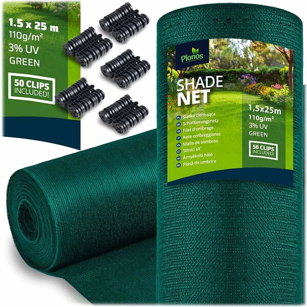 Mreža za sjenu 1,5x25m 110g/m2 + 50 stezaljki zelena