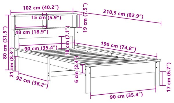 Krevet s regalom za knjige bez madraca 90 x 190 cm od borovine - Smeđa / 90 x 190 cm