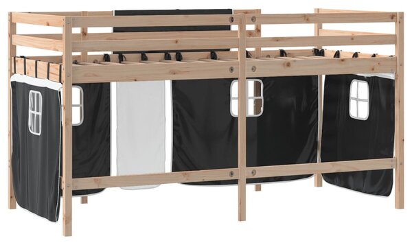 Dječji krevet na kat i zavjese crno-bijeli 80 x 200 cm borovina - Crna / 80 x 200 cm