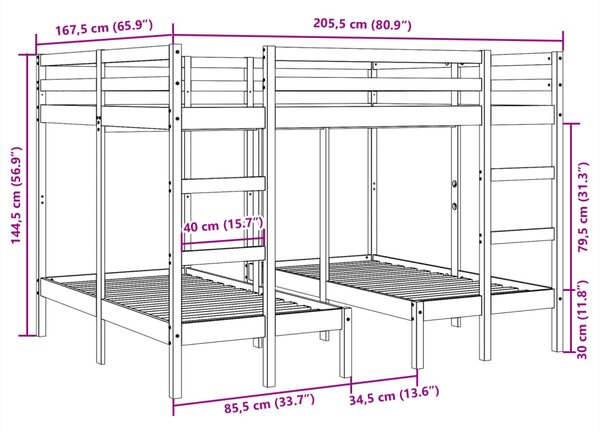 Trostruki okvir kreveta na kat 160x200/80x160 cm od borovine - Smeđa / 160 x 200/80 x 160 cm