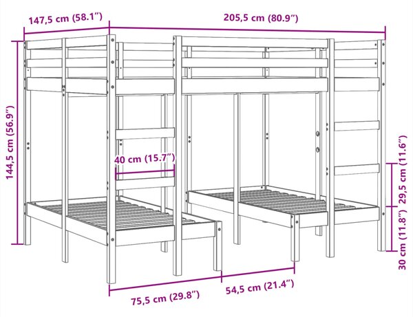 Trostruki okvir kreveta na kat 140x200 / 70x140 cm od borovine - Smeđa / 140 x 200/70 x 140 cm