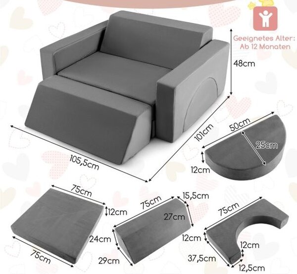 Dječji sofa, igraći sofa, modularni sofa s navlakom koja se može skinuti 105,5 x 101 x 48 cm - siva