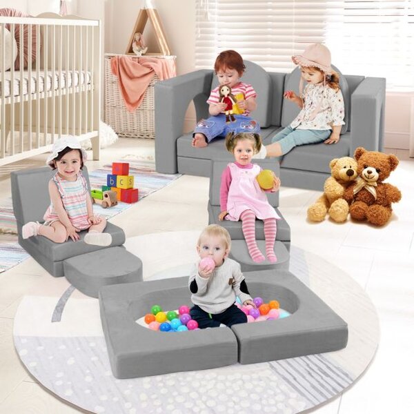 Dječji sjedeći set 8-dijelni, igraća sofa od pjenastih kocki, siva