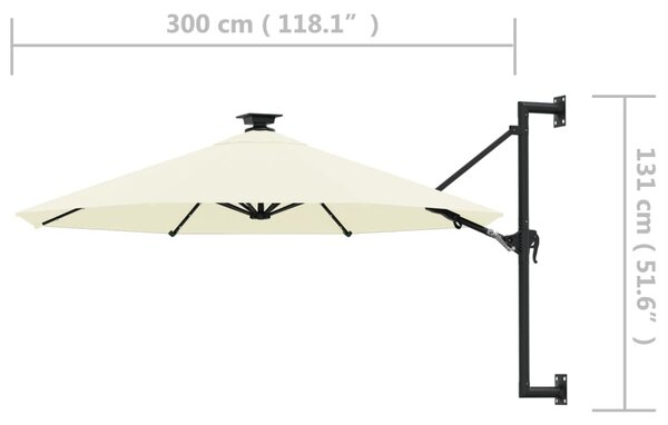 Zidni vrtni suncobran s LED svjetlima 300 cm boja pijeska - Krema / N/A