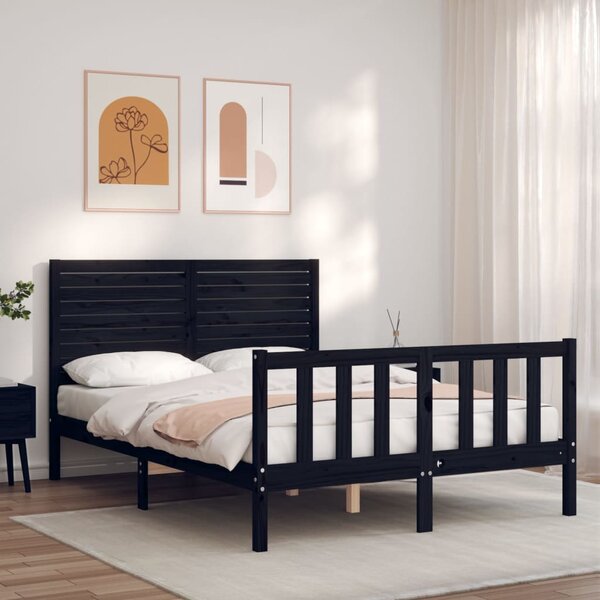 Okvir kreveta s uzglavljem crni bračni od masivnog drva - Crna / 135 x 190 cm