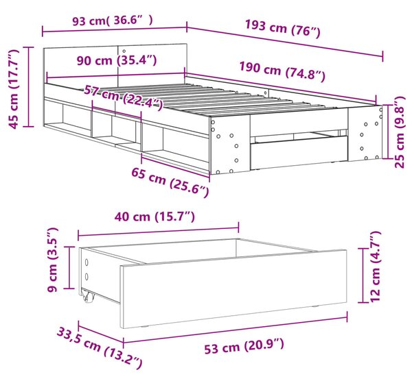 Okvir kreveta s ladicom siva boja betona 90 x 190 cm drveni - Siva / 90 x 190 cm
